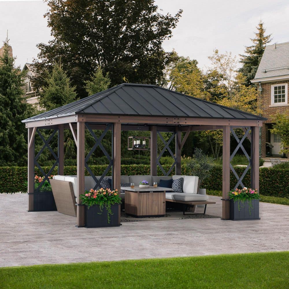13 ft. x 15 ft. Black Steel Roof Gazebo with Aluminum Frame and Planters