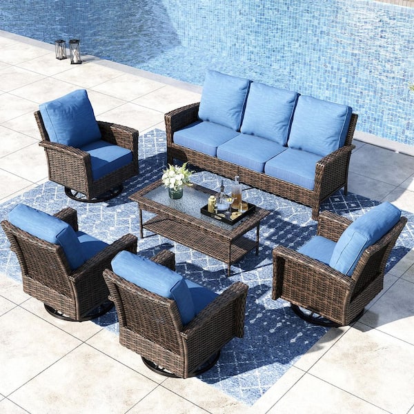 PHI VILLA Black 6-Pieces Metal Patio Conversation Sectional Seating Set with Swivel Sofa Chairs, Ottoman and Blue Cushions