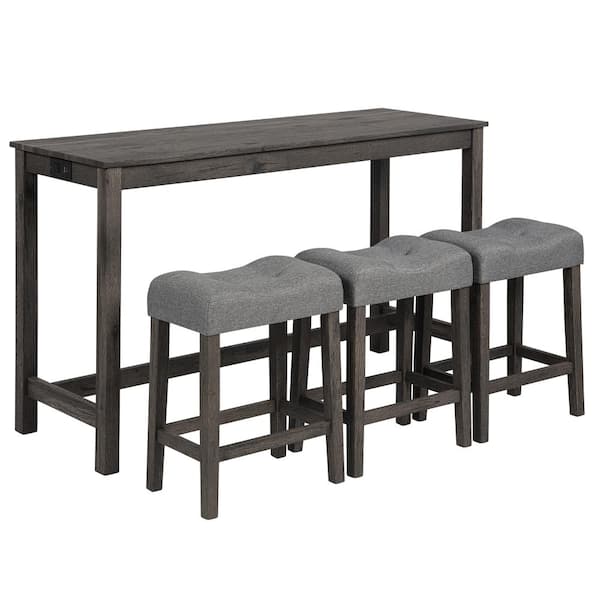 4-Piece Outdoor Bar Table Set with Power Outlet, Bar Set with 3 Padded Stools for Garden, Balcony, Dark Gray