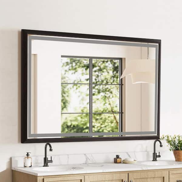 60 in. W x 36 in. H Large Rectangular Framed Dimmable Wall Bathroom Vanity Mirror in Brown