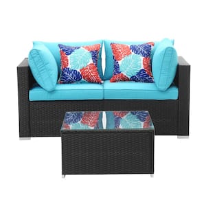 Black 3-Piece Wicker Rattan Patio Furniture Set Outdoor Chair Sofa with Blue Cushion