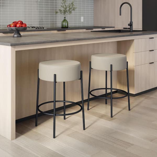 Clovis 26.75 in. Backless Counter Stool Greige Faux Leather / Black Metal