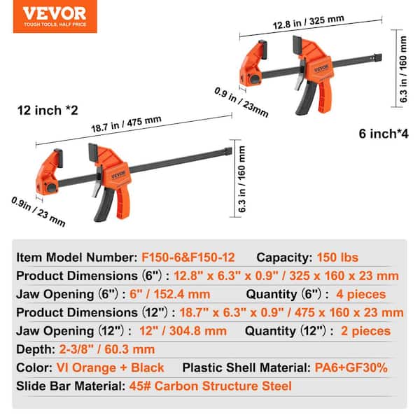 VEVOR Bar Clamps Set for Woodworking, 4-Pack 6 in. and 2-Pack 12