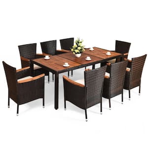 9-Piece Wicker Outdoor Dining Patio Rattan Dining Set with Stackable Chairs White Cushioned and Acacia Wood Table Top