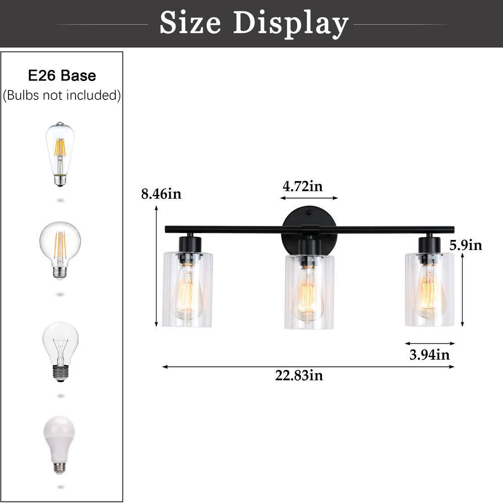 Black Metal 3-Light Vanity with Clear Glass Shades