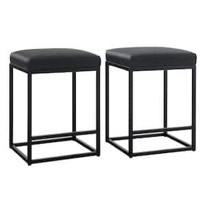 24 in. Black Leather Cushion and Black Metal Frame Metal Bar Stool (2-pieces)