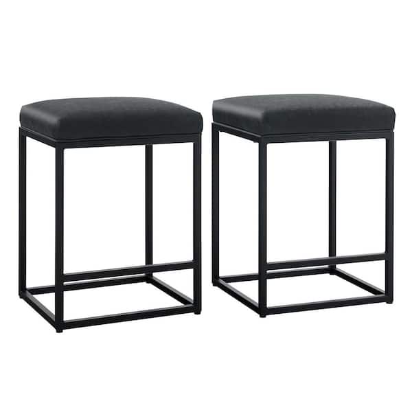 PHI VILLA 24 in. Black Leather Cushion and Black Metal Frame Metal Bar Stool (2-pieces)