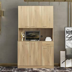 70.87 in. Tall Oak Cabinet with 6-Doors 1-Open Shelves and 1-Drawer