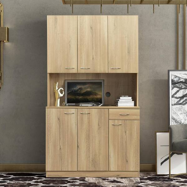 Seafuloy 70.87 in. Tall Oak Cabinet with 6-Doors 1-Open Shelves and 1 ...