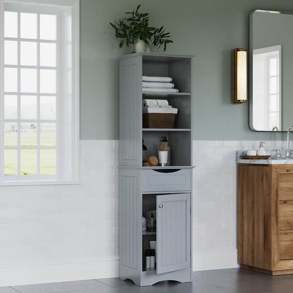 RiverRidge Home Ashland 16-1/2 in. W x 60 in. H Tall Bathroom Storage Linen Cabinet and Organizer with Drawer and Shelves in Gray