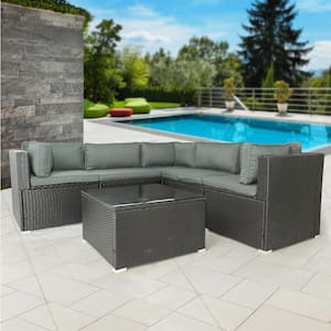 6-Piece PE Rattan Wicker Outdoor Sectional Furniture Sofa Set with Black Cushions