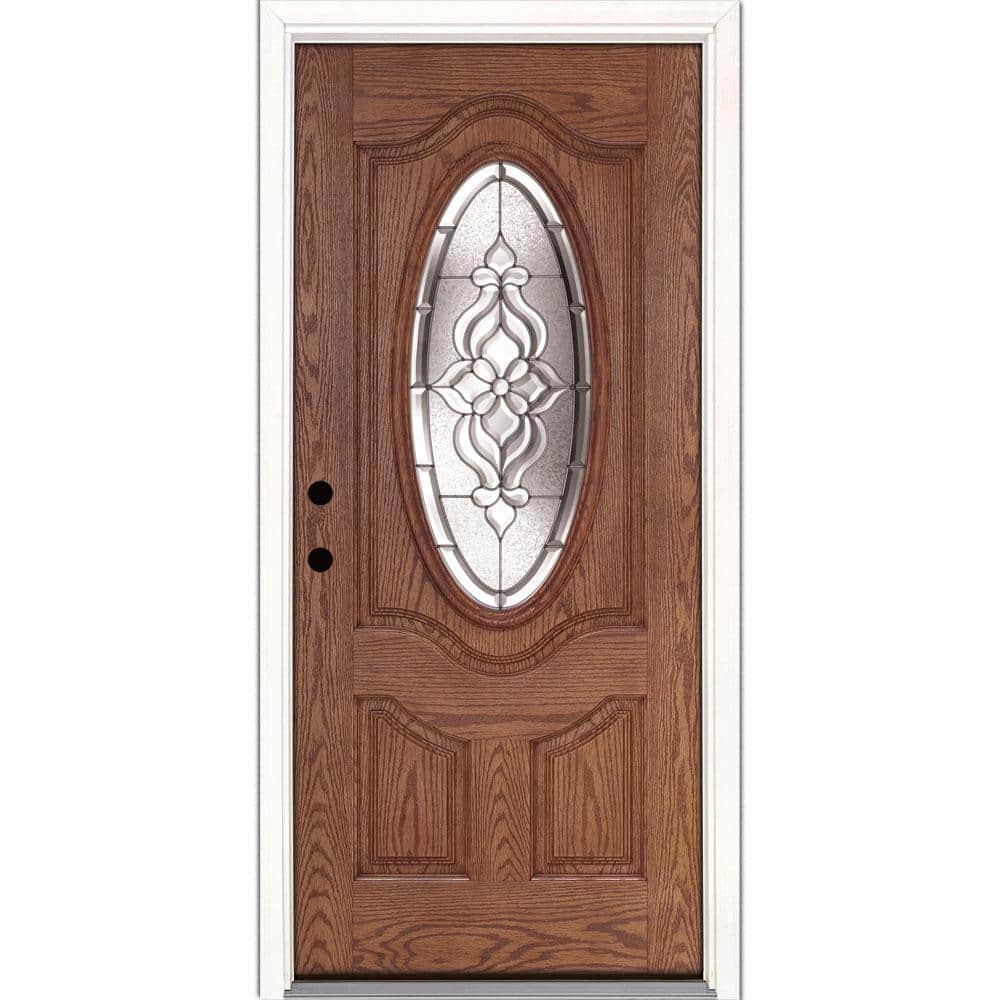 37.5 in. x 81.625 in. Lakewood Zinc 3/4 Oval Lite Stained Medium Oak Right-