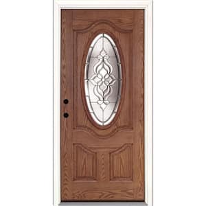 37.5 in. x 81.625 in. Lakewood Zinc 3/4 Oval Lite Stained Medium Oak Right-Hand Inswing Fiberglass Prehung Front Door