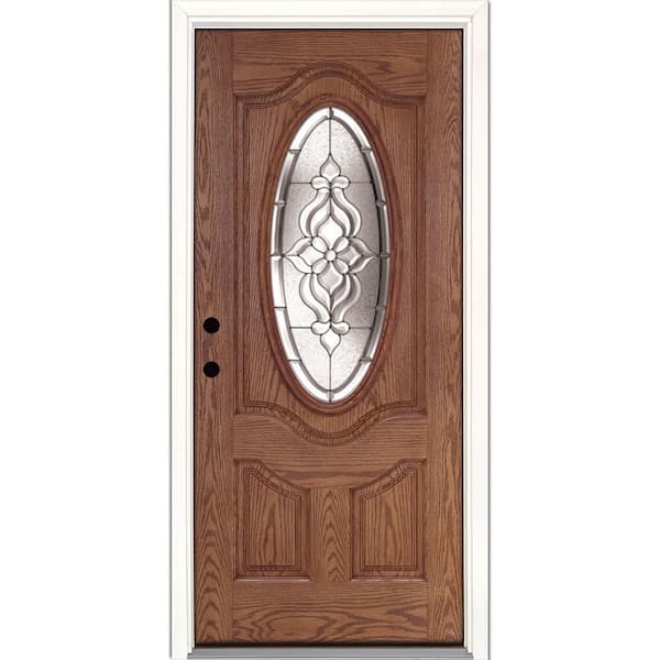 Feather River Doors 37.5 in. x 81.625 in. Lakewood Zinc 3/4 Oval Lite Stained Medium Oak Right-Hand Inswing Fiberglass Prehung Front Door
