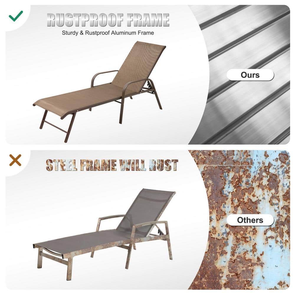 Brown Aluminum Adjustable Outdoor Chaise Lounge Set with Arms