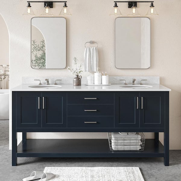 ARIEL Magnolia 73 in. W x 22 in. D x 36 in. H Bath Vanity in Midnight Blue with White Marble Vanity Top with White Basins