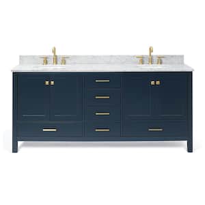 Cambridge 73 in. W x 22 in. D x 35.25 in. H Vanity in Midnight Blue with White Marble Vanity Top with Basin