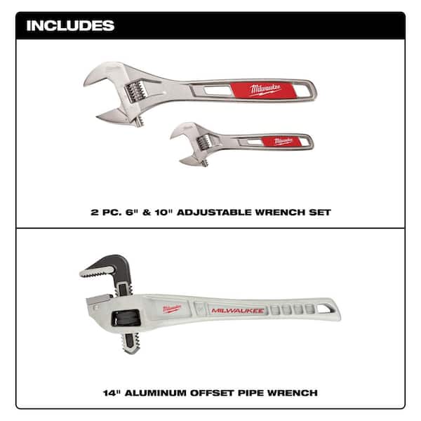 6 in. and 10 in. Adjustable Wrench Set with 14 in. Aluminum Offset Pipe Wrench (3-Piece)