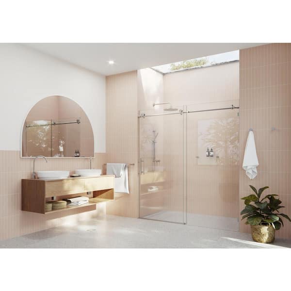 Glass Warehouse 68 in. - 72 in. x 78 in. Frameless Sliding Shower Door in Brushed Nickel with Handle