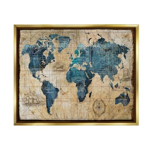 Vintage Abstract World Map Design by Art Licensing Studio Floater Frame Typography Wall Art Print 31 in. x 25 in.