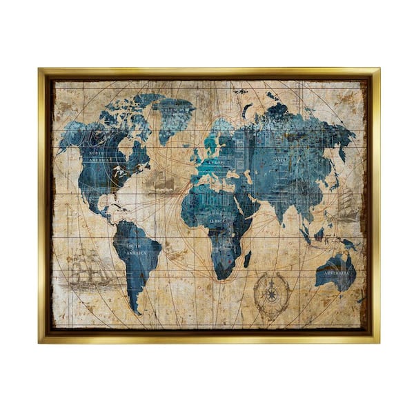 The Stupell Home Decor Collection Vintage Abstract World Map Design by Art Licensing Studio Floater Frame Typography Wall Art Print 31 in. x 25 in.