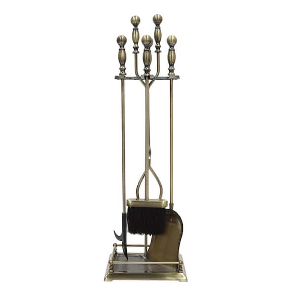 ACHLA DESIGNS 30.5 in. Tall 5-Piece Antique Brass Oxford Fireplace Tool Set