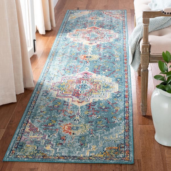 Crystal 2 ft. x 15 ft. Teal/Orange Distressed Border Runner Rug
