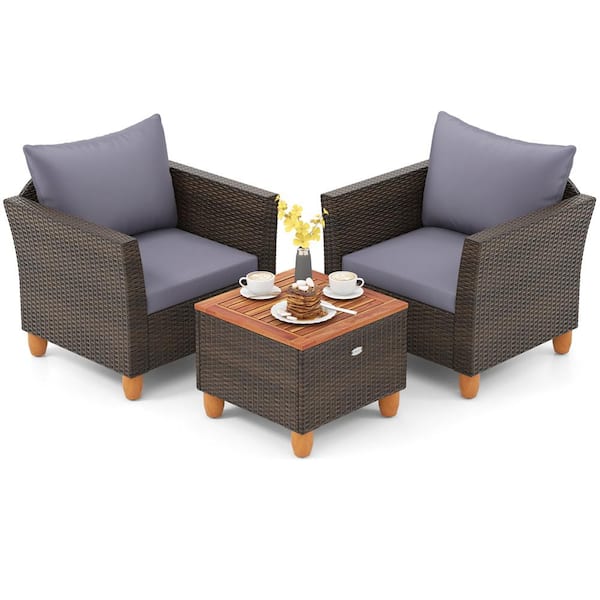 Costway 3-Piece Wicker Outdoor Bistro Set with Wooden Table Top Sofa Grey Cushions