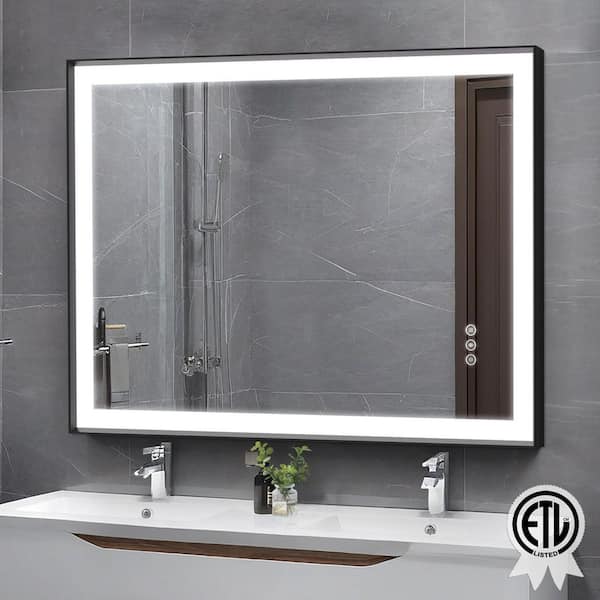 48 in.W x 36 in.H Rectangular Black Aluminum Framed Anti Fog LED Lighted Modern Wall Bathroom Vanity Mirror in Tempered