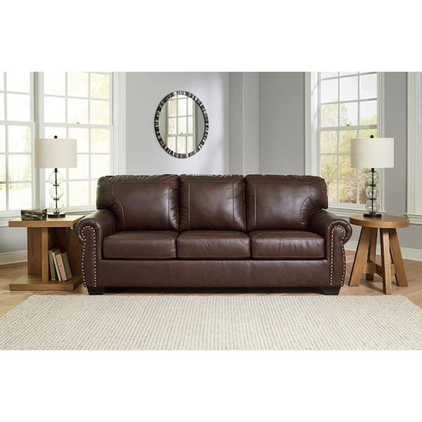 Colleton 92 in. Rolled Arm Leather Match Rectangle Sofa with Removable Cushions and Nailhead Trim in Brown