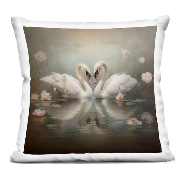 Romantic Swans in Floral Pond Grey Abstract Polyester 18 in. x 18 in. Throw Pillow