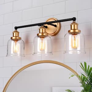 Modern Dome Bathroom Vanity Light 3-Light Black and Brass Bell Wall Sconce Light with Clear Glass Shades