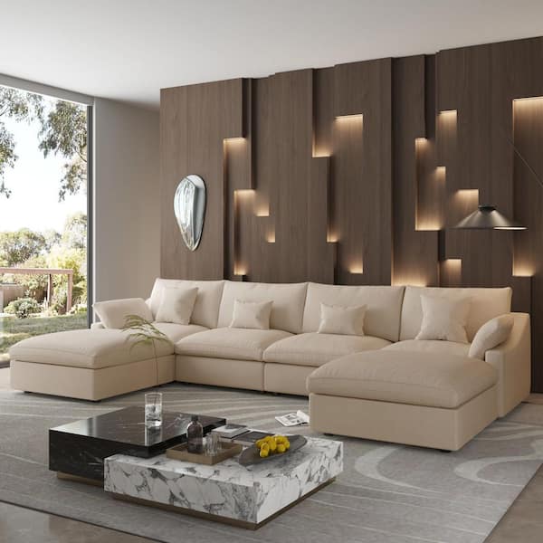 6-Piece Sectional Sofa 155.9 in. Linen Modular Free Combinable Deep Seat Couch with Ottoman Living Room Set in Brown