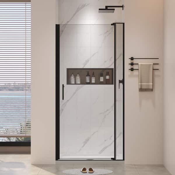 32-36 in. W x 72 in. H Pivot Frameless Shower Door in Matte Black Finish with Clear Glass