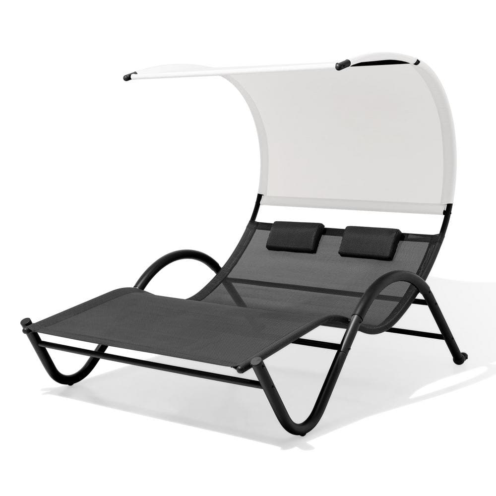 Metal Outdoor Patio Lounge Day Bed with Canopy with Black Cushions