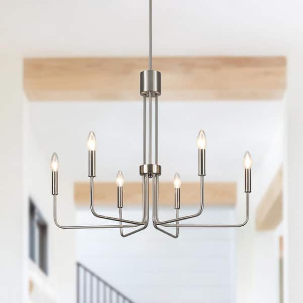 ZJVAIVE 6-Light Nickel Traditional Hanging Adjustable Linear Candlestick Chandelier for Dining Room Living Room
