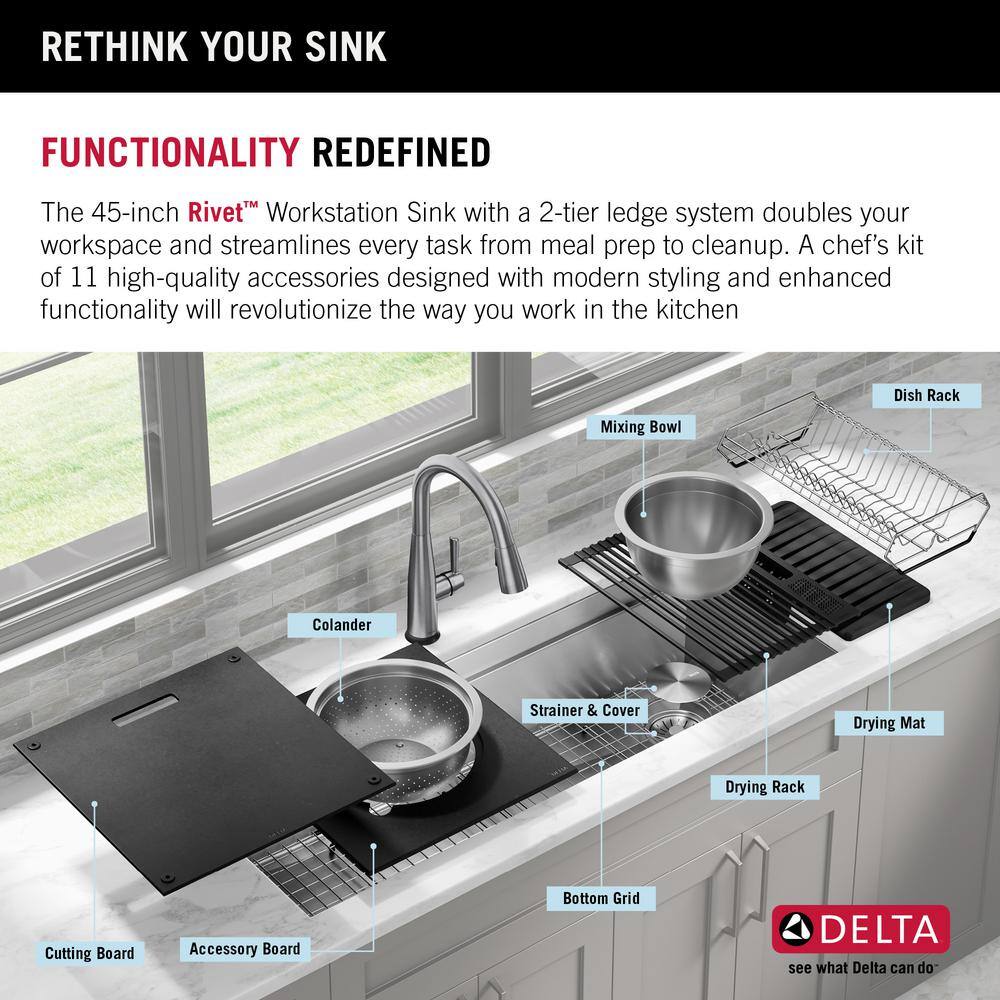Delta Rivet 45" Stainless Steel Undermount Workstation Kitchen Sink