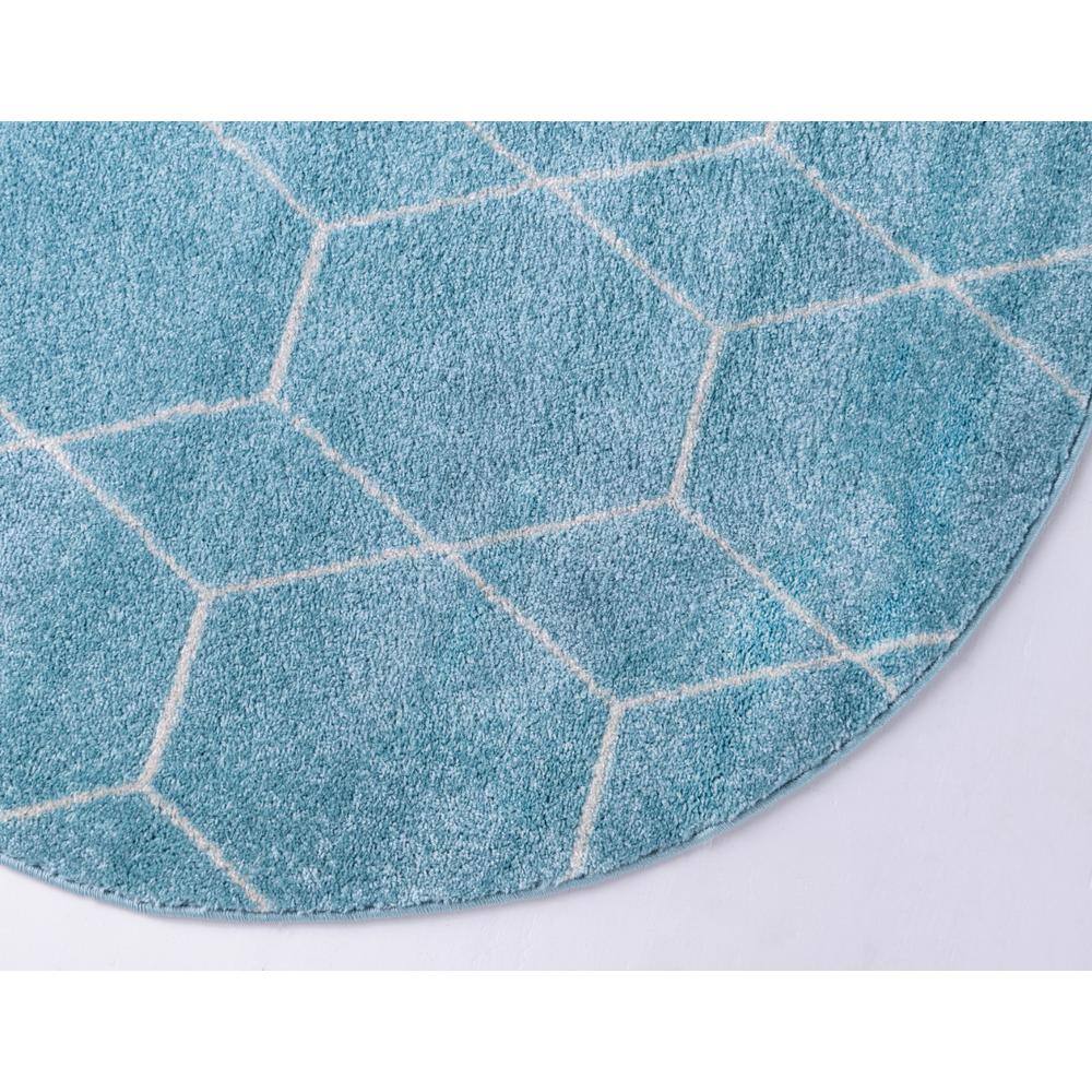 Light Blue and Ivory Round Geometric Trellis Rug