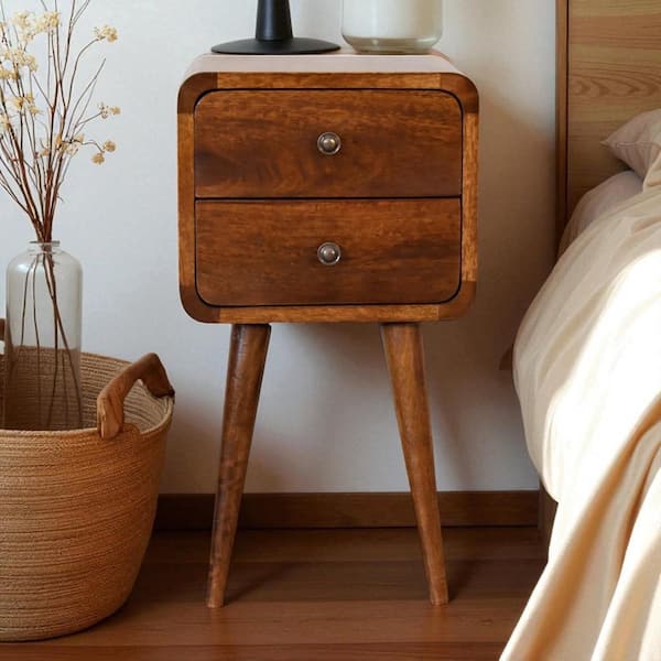 Torrent Beige Brown Solid Wood 2-Drawer 11.8 in. W Mini Nightstand with Nordic Legs