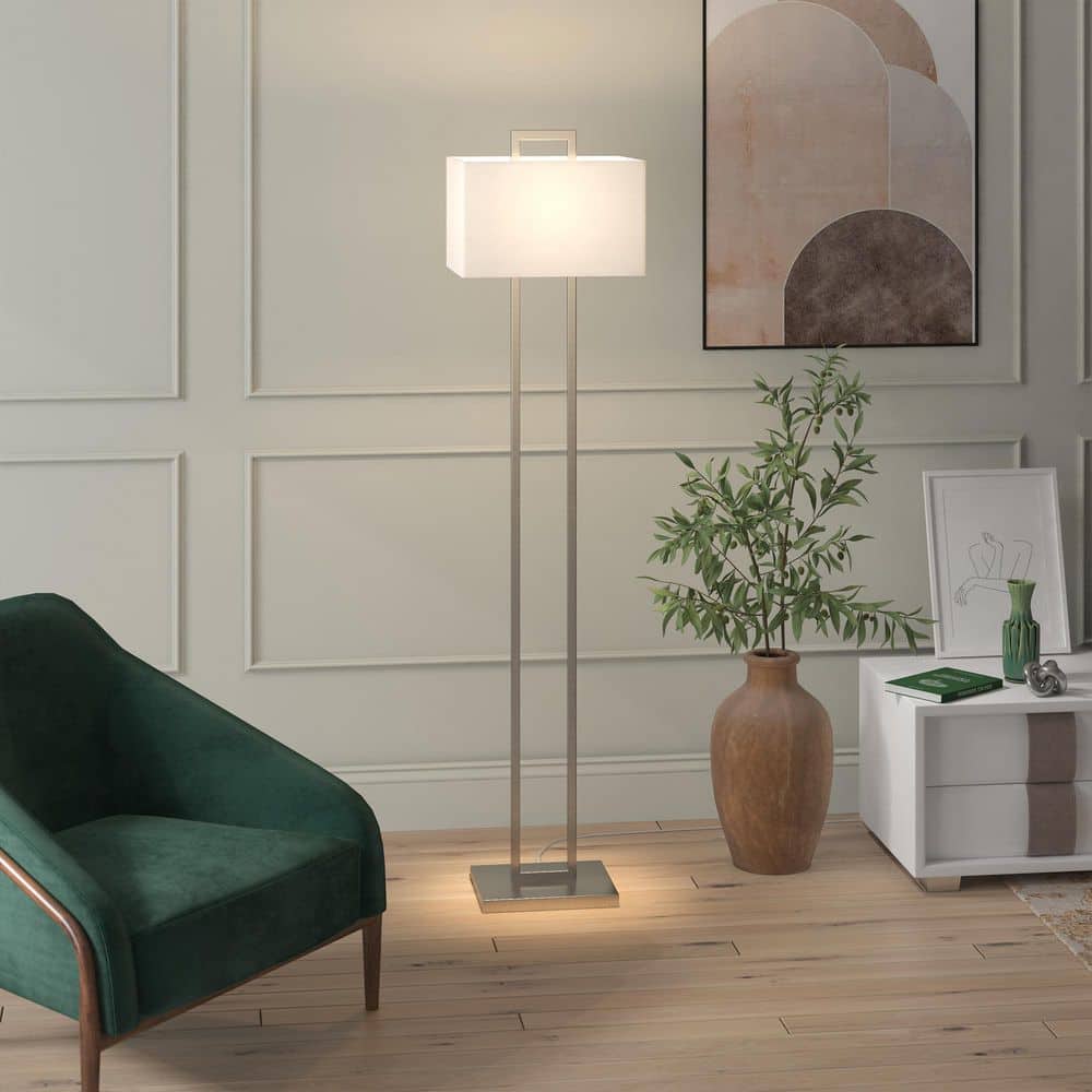Arc Elegance 68" Tall Brushed Nickel Floor Lamp with White Linen Shade
