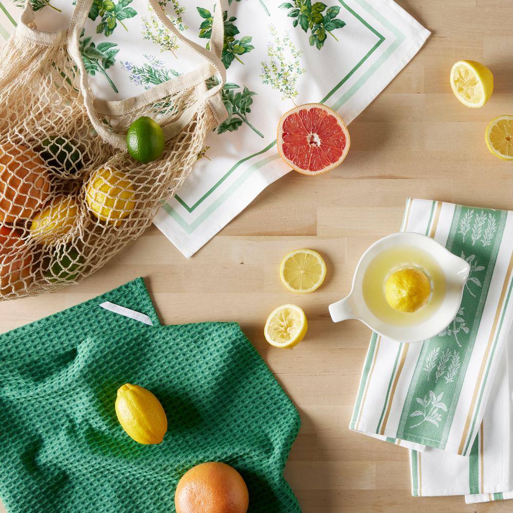 Green and White Cotton Jacquard Kitchen Towel Set of Three