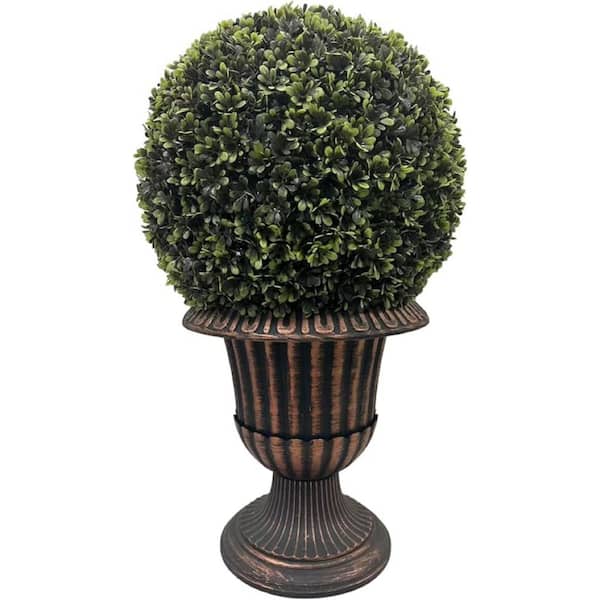 EverGreen 2ft, Artificial Boxwood Tree in Spherical Bronze Bonsai with UV-Resistant Foliage