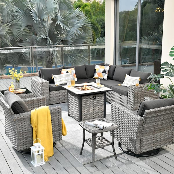 HOOOWOOO Crater Grey 10-Piece Wicker Outdoor Patio Fire Pit Conversation Sofa Set with Swivel Rocking Chairs and Black Cushions