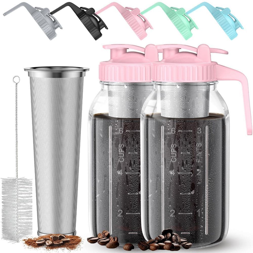 2 Pack 64 oz. Cold Brew Coffee Maker Jar, Glass Cold Brew Maker with Handle, Filter and Leak-Proof Lid, Pink price history on PriceWatchPro