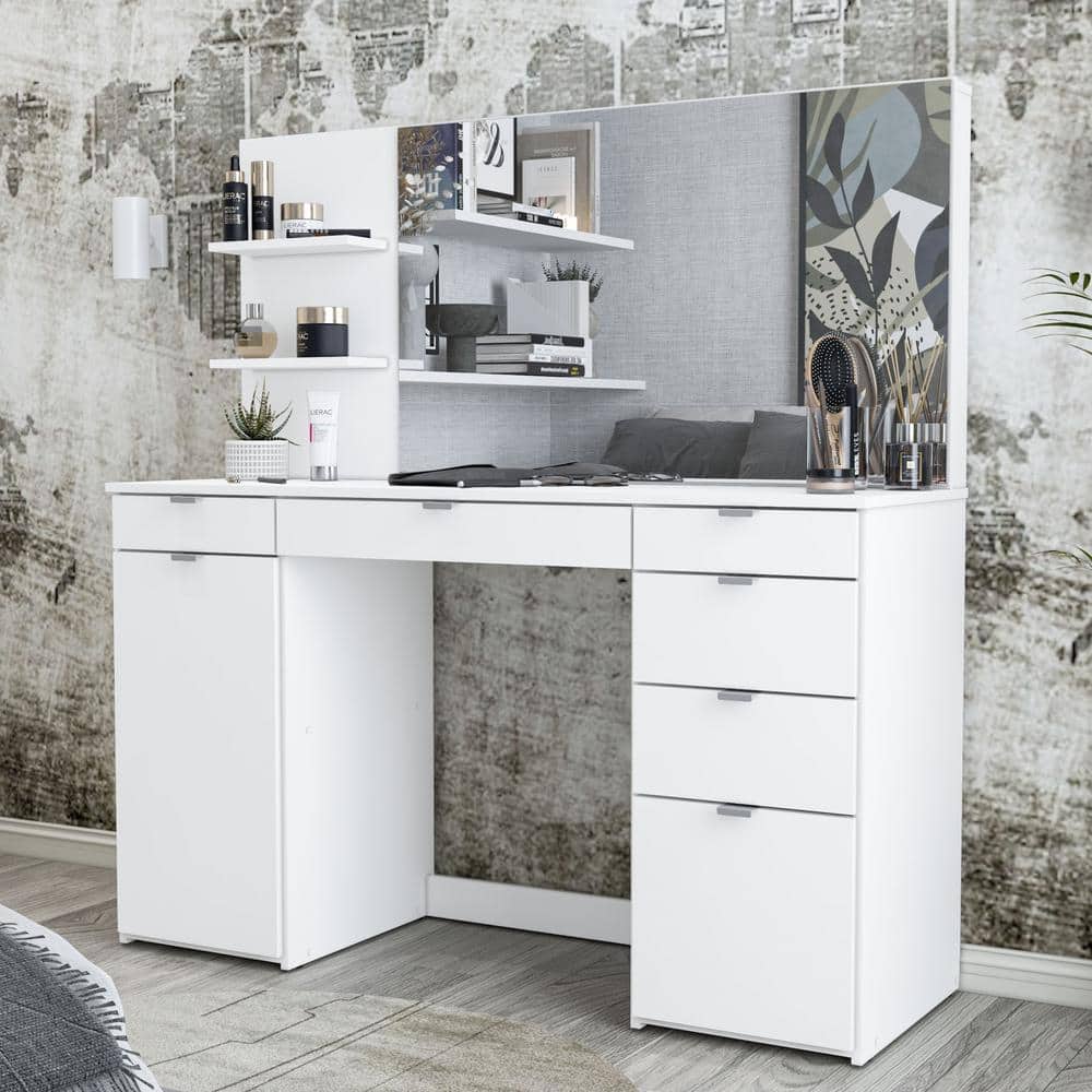 Polifurniture Amelia White Drawer Makeup Vanity with Storage