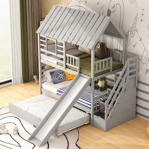 Gray Twin over Twin Wood House Bunk Bed with Twin Size Trundle, Slide, Storage Staircase, Roof and Window Design