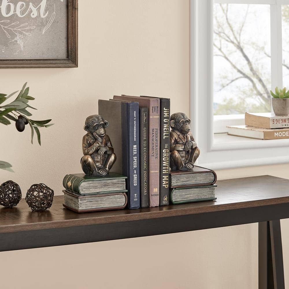 Antique Patina Finish Monkey Bookends with Resin Base