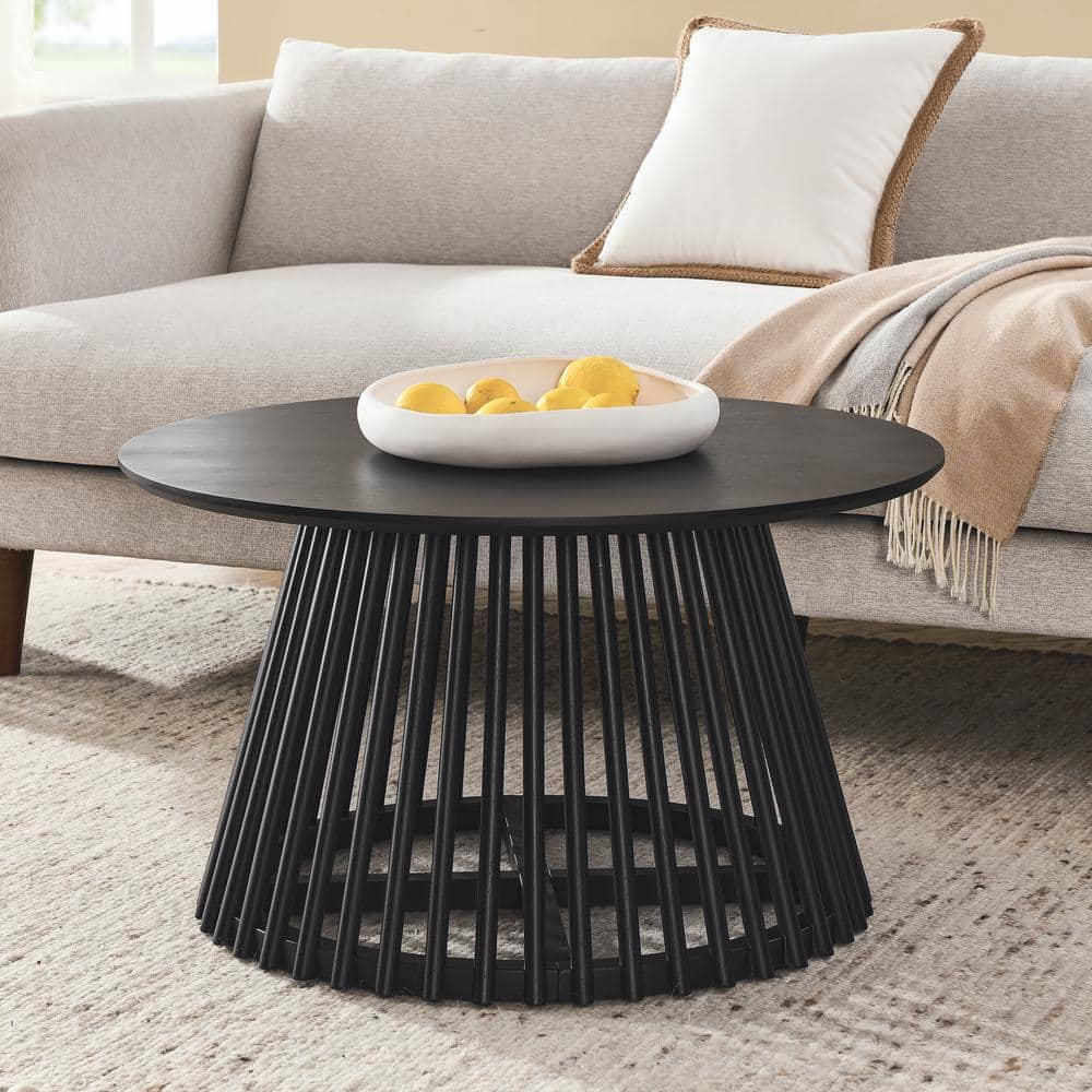 31.5 in. Black Round Solid Wood Coffee Table Modern Minimalist Coffee Table
