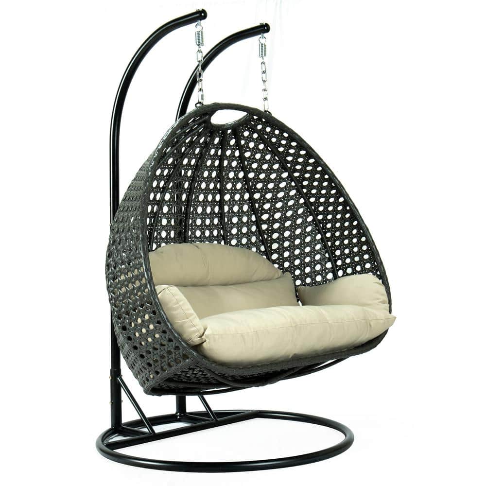 Charcoal Wicker Double Egg Hanging Chair with Taupe Cushions