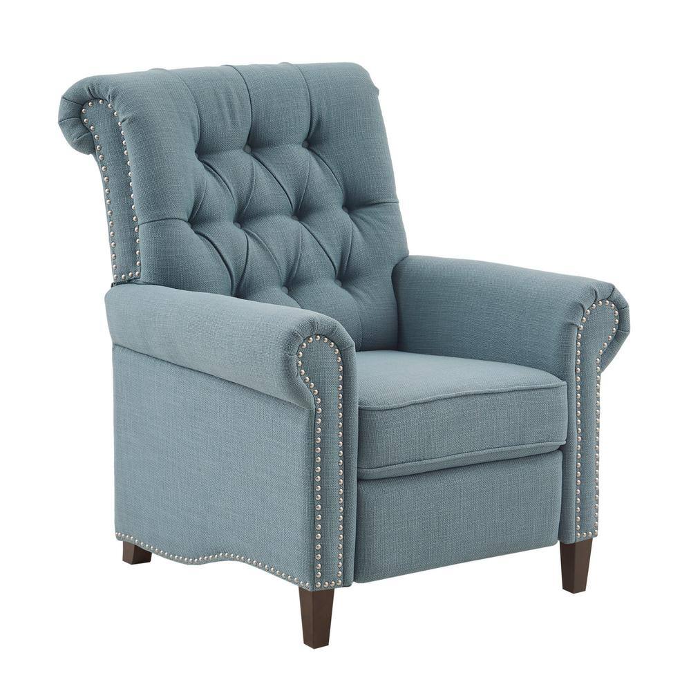 Transitional Blue Tufted Recliner with Bronze Nailhead Trim